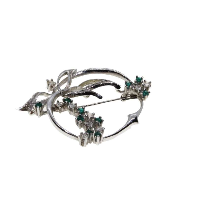 Brooch - Silver Tone Vintage Intricate Design. Apple with Leaves. Clear & Emerald Rhinestones - M...