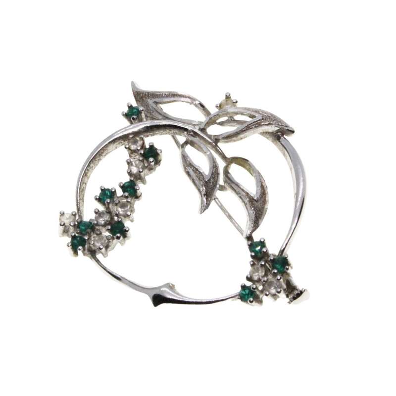 Brooch - Silver Tone Vintage Intricate Design. Apple with Leaves. Clear & Emerald Rhinestones - M...