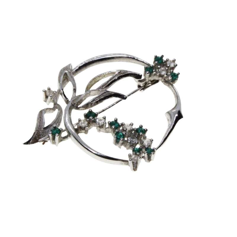 Brooch - Silver Tone Vintage Intricate Design. Apple with Leaves. Clear & Emerald Rhinestones - M...