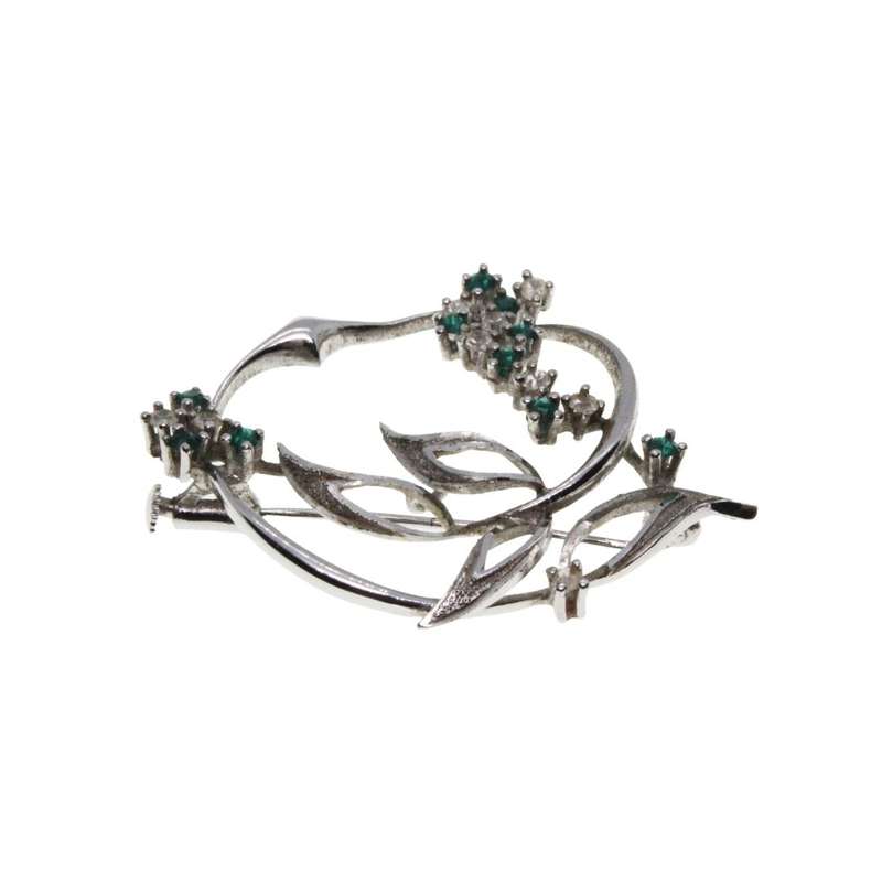 Brooch - Silver Tone Vintage Intricate Design. Apple with Leaves. Clear & Emerald Rhinestones - M...