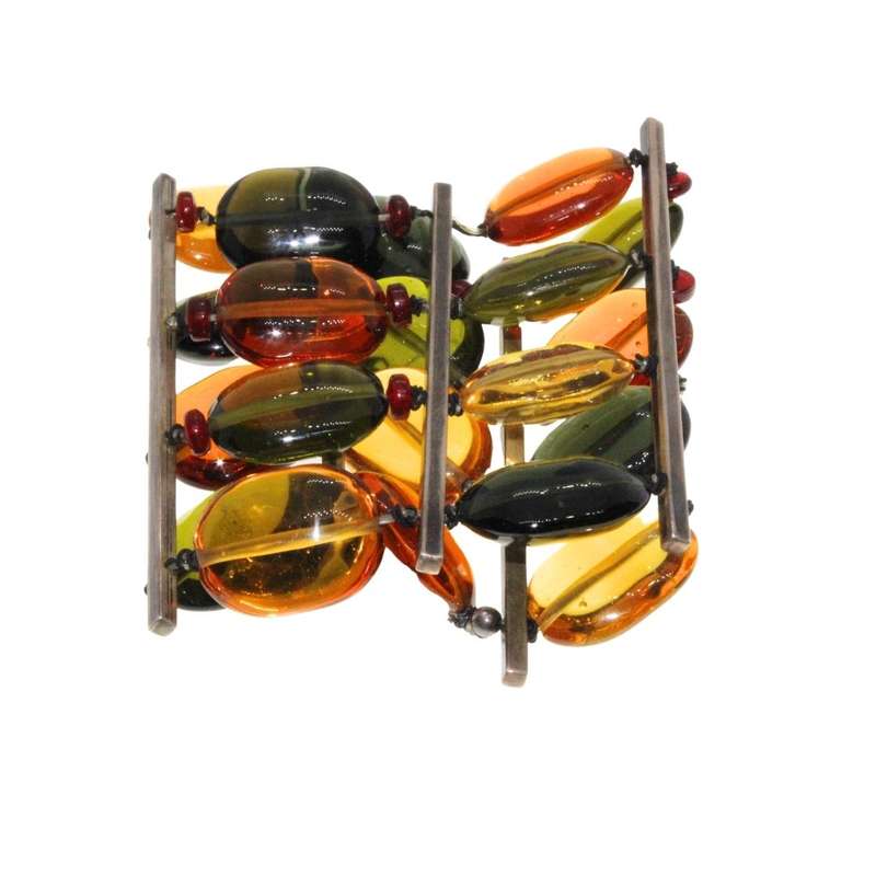 Bracelet - Gold Tone Large 4 Tiered Bracelet. Large Autumn Colour Beads with Gold Tone Bars - ML3276