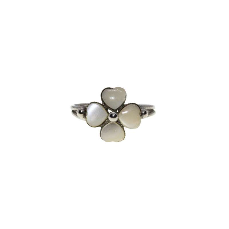 Ring - Silver Tone Thin Dainty Expandable Band with White Enamel Four Leaf Clover - ML3279