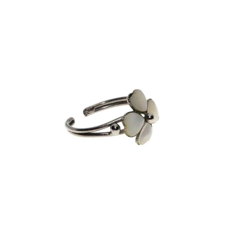 Ring - Silver Tone Thin Dainty Expandable Band with White Enamel Four Leaf Clover - ML3279
