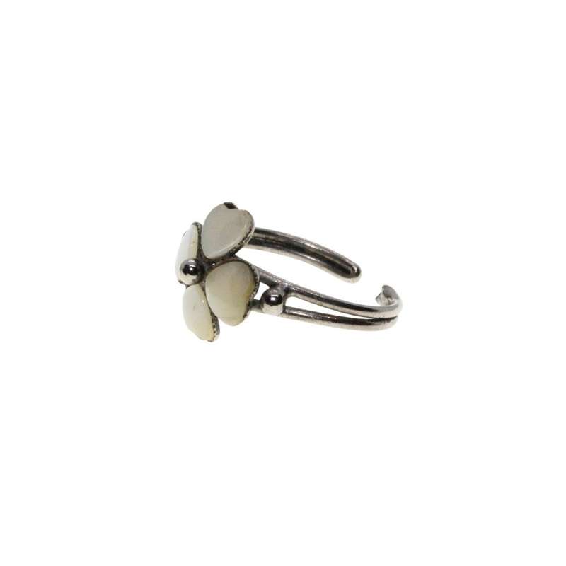 Ring - Silver Tone Thin Dainty Expandable Band with White Enamel Four Leaf Clover - ML3279