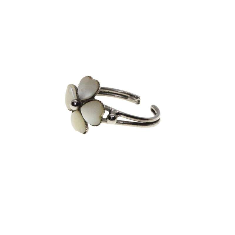 Ring - Silver Tone Thin Dainty Expandable Band with White Enamel Four Leaf Clover - ML3279