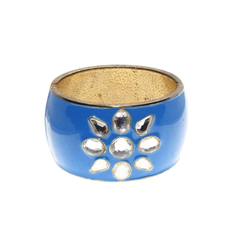 Bangle - Silver Tone Large Chunky Bangle. Blue Enamel & Flower Rhinestone Centre - ML3280