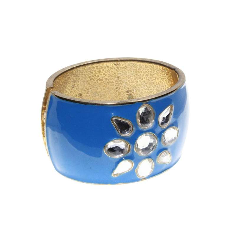 Bangle - Silver Tone Large Chunky Bangle. Blue Enamel & Flower Rhinestone Centre - ML3280