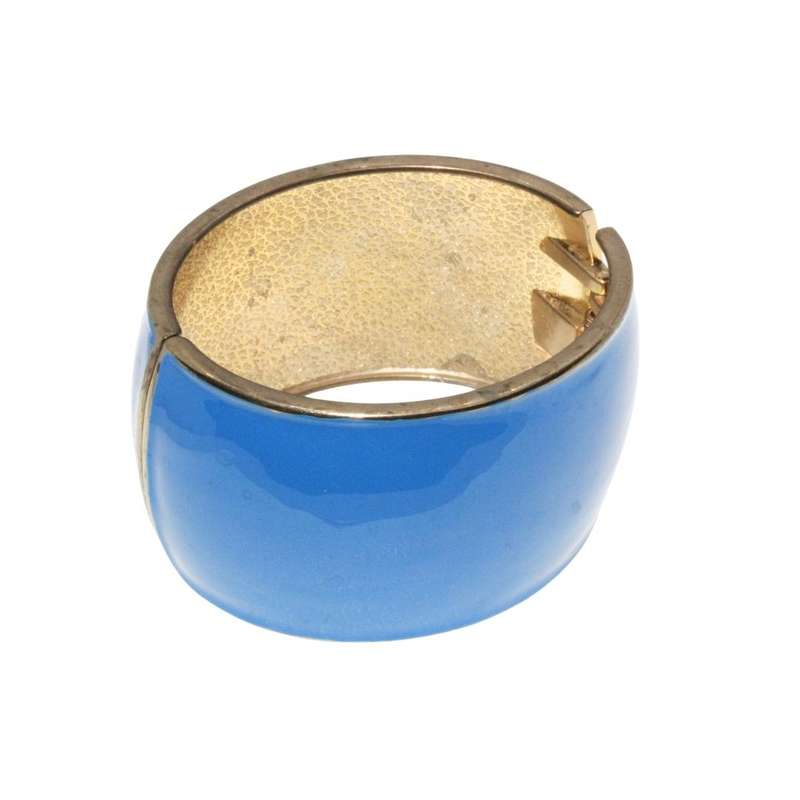 Bangle - Silver Tone Large Chunky Bangle. Blue Enamel & Flower Rhinestone Centre - ML3280