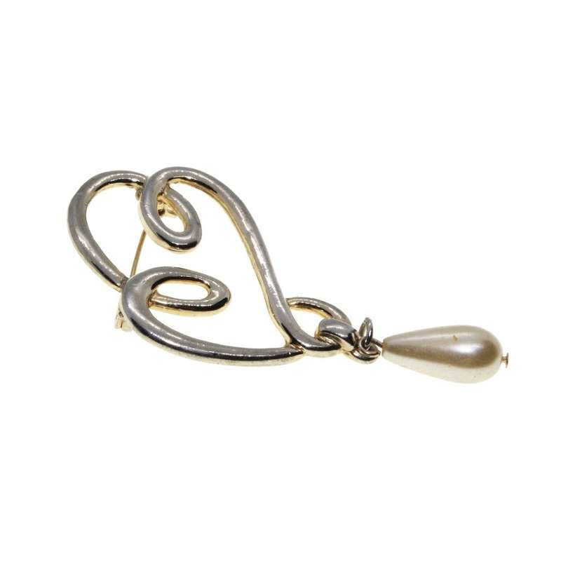 Brooch - Gold Tone Vintage Swirl Brooch. Faux Teardrop Pearl - ML3282