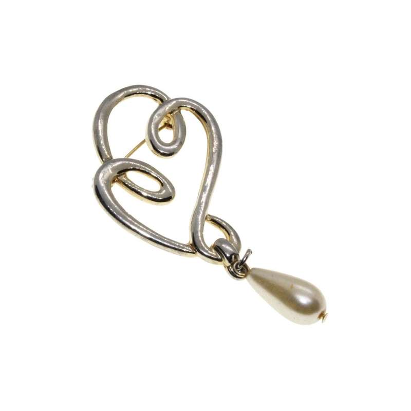 Brooch - Gold Tone Vintage Swirl Brooch. Faux Teardrop Pearl - ML3282