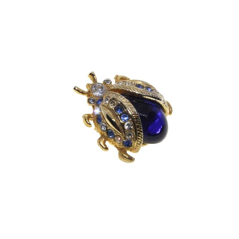 Brooch - Gold Tone Vintage Royal Blue Jelly Belly Rhinestone Mini LadyBug Brooch Pin - ML3284