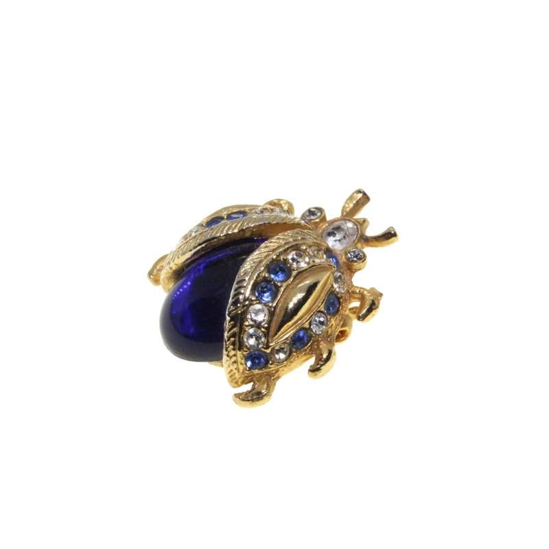 Brooch - Gold Tone Vintage Royal Blue Jelly Belly Rhinestone Mini LadyBug Brooch Pin - ML3284