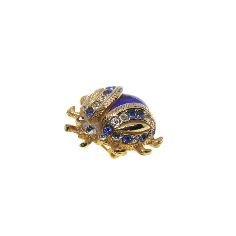 Brooch - Gold Tone Vintage Royal Blue Jelly Belly Rhinestone Mini LadyBug Brooch Pin - ML3284