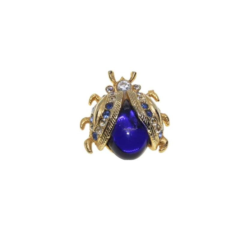 Brooch - Gold Tone Vintage Royal Blue Jelly Belly Rhinestone Mini LadyBug Brooch Pin - ML3284