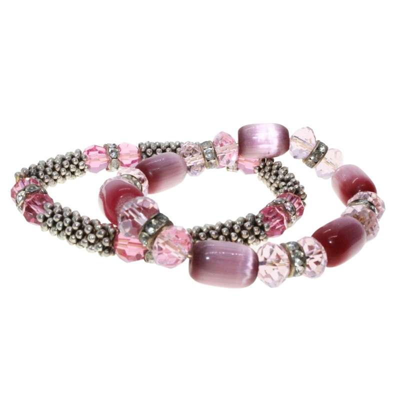 Bracelet - 2 x Bracelets. 1 Silver Tone & 1 All Pink Beads - ML3288