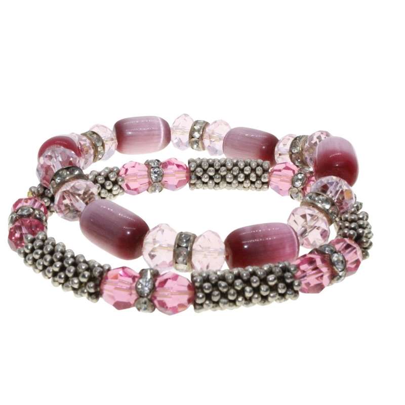 Bracelet - 2 x Bracelets. 1 Silver Tone & 1 All Pink Beads - ML3288