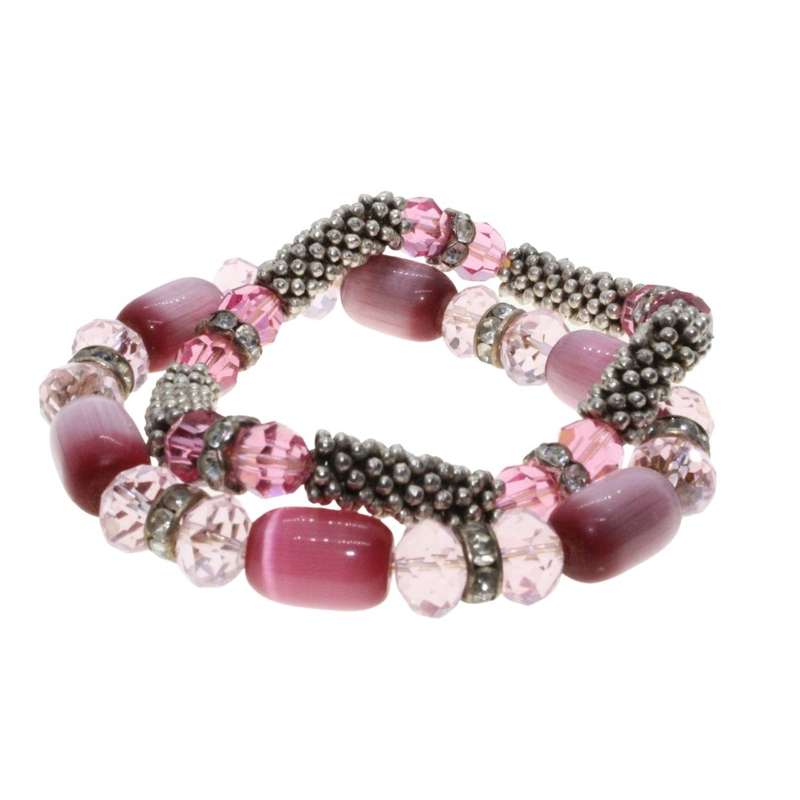 Bracelet - 2 x Bracelets. 1 Silver Tone & 1 All Pink Beads - ML3288
