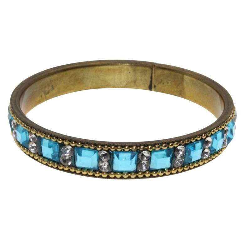 Bangle - Gold Tone Bangle with Turquoise Square Stones & Clear Rhinestones - ML3291