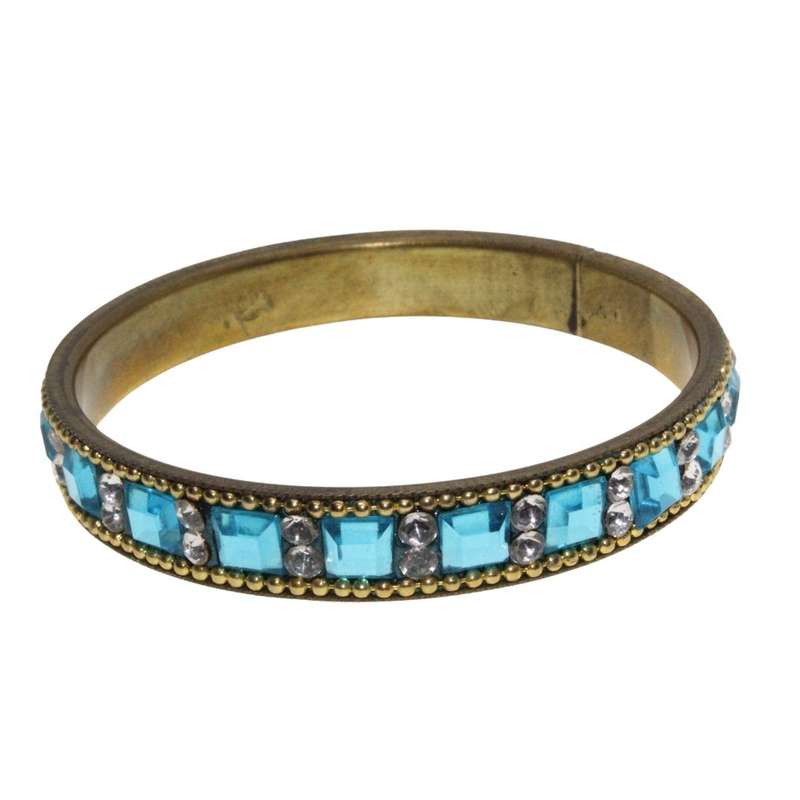 Bangle - Gold Tone Bangle with Turquoise Square Stones & Clear Rhinestones - ML3291