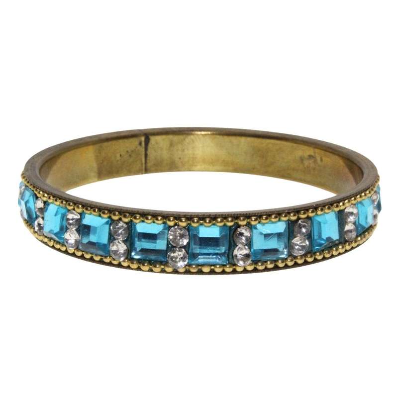 Bangle - Gold Tone Bangle with Turquoise Square Stones & Clear Rhinestones - ML3291