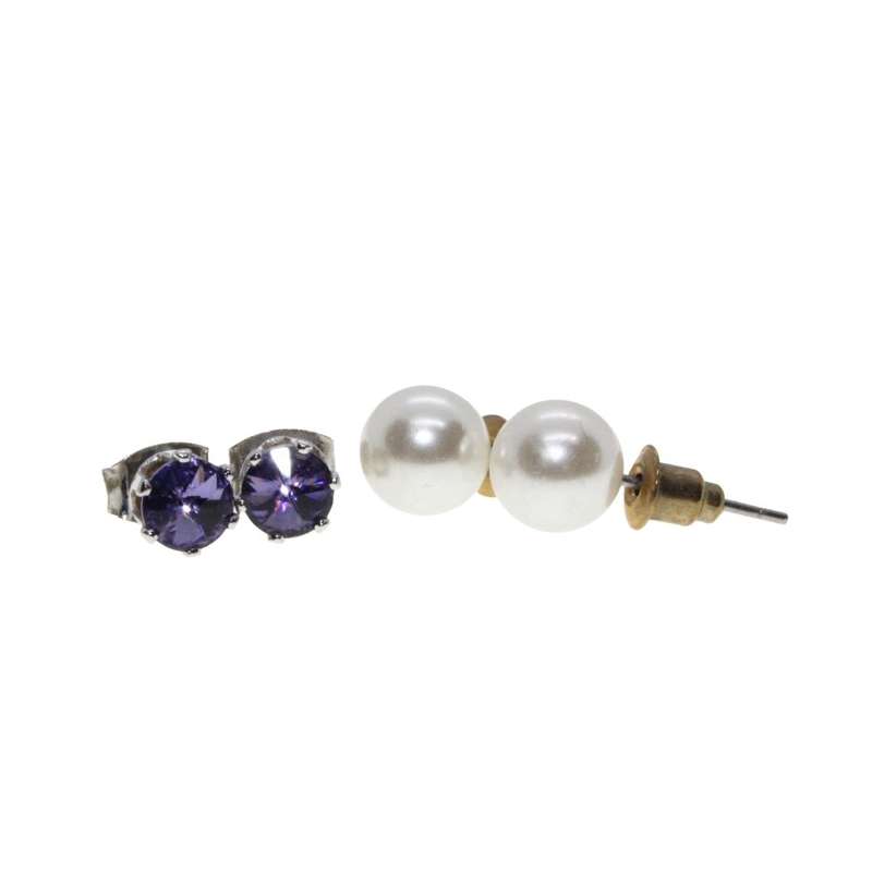 Earrings - Silver Tone Faux Pearl Studs & Purple Rhinestones Studs - ML3292