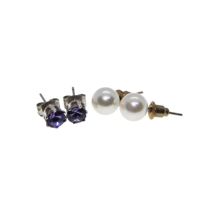 Earrings - Silver Tone Faux Pearl Studs & Purple Rhinestones Studs - ML3292