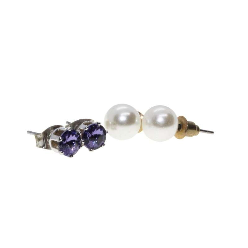 Earrings - Silver Tone Faux Pearl Studs & Purple Rhinestones Studs - ML3292