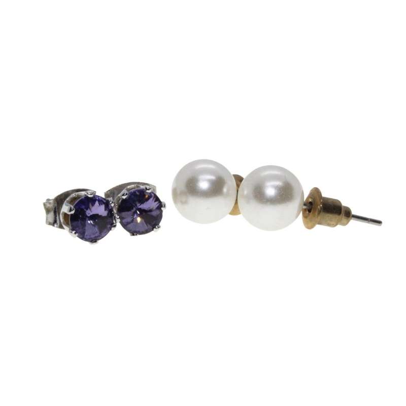 Earrings - Silver Tone Faux Pearl Studs & Purple Rhinestones Studs - ML3292
