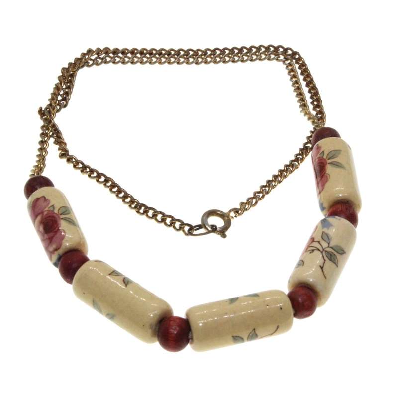 Necklace - Gold Tone Chain with Ceramic Tubular Floral Beads. Small Beads inbetween - ML3301
