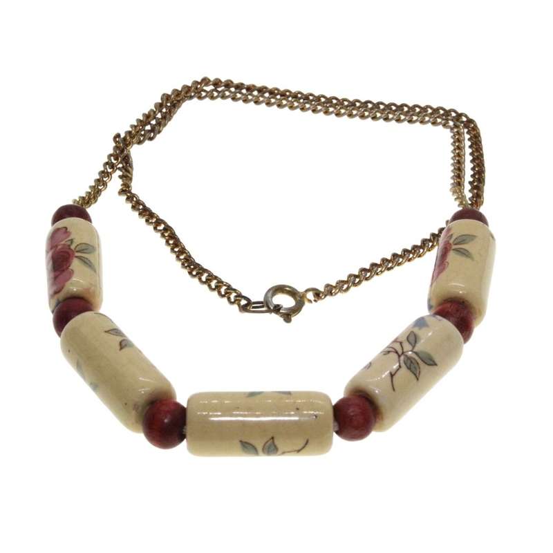 Necklace - Gold Tone Chain with Ceramic Tubular Floral Beads. Small Beads inbetween - ML3301