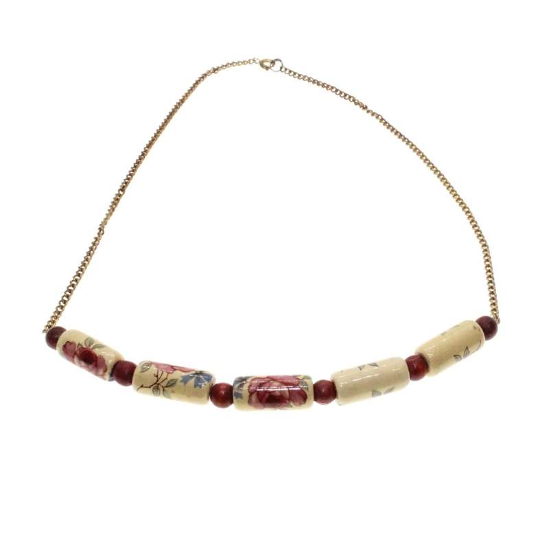 Necklace - Gold Tone Chain with Ceramic Tubular Floral Beads. Small Beads inbetween - ML3301