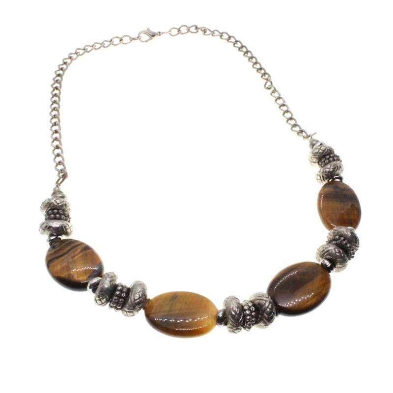 Necklace - Silver Tone Chain Vintage. Tigers Eye Stones with Silver Metal Beads - ML3303