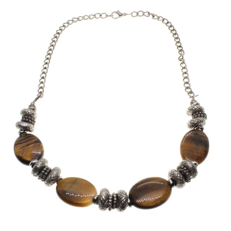 Necklace - Silver Tone Chain Vintage. Tigers Eye Stones with Silver Metal Beads - ML3303