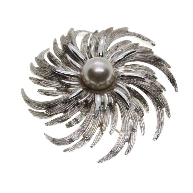 Brooch - Silver Tone Vintage Large Swirl Brooch with Faux Pearl in Centre - ML3305