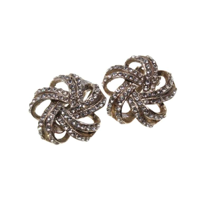 Earrings - Silver Tone Vintage Diamante Earrings. Clip Ons. Swirl Shape - ML3306