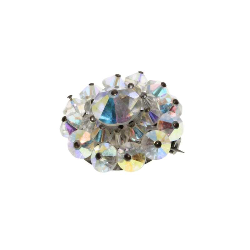 Brooch - Silver Tone Round Aurora Borealis Brooch. Beautiful Colours - ML3307