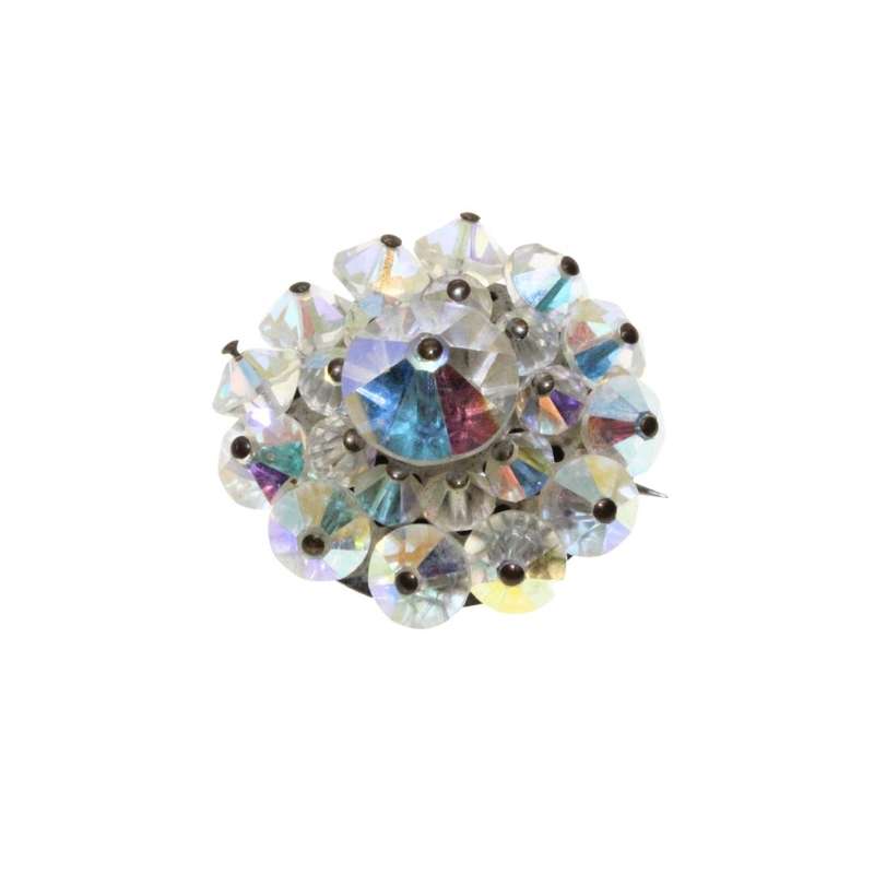 Brooch - Silver Tone Round Aurora Borealis Brooch. Beautiful Colours - ML3307