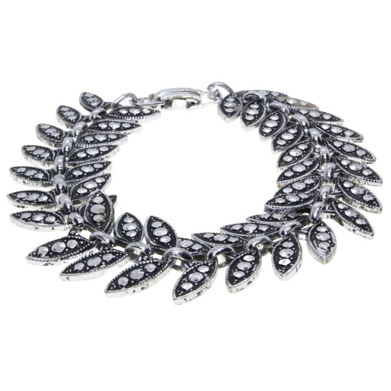 Bracelet - Silver Tone Vintage Leaf Shape Links. Marcasite Design. - ML3309