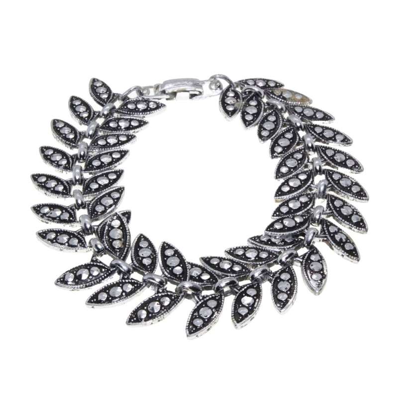 Bracelet - Silver Tone Vintage Leaf Shape Links. Marcasite Design. - ML3309