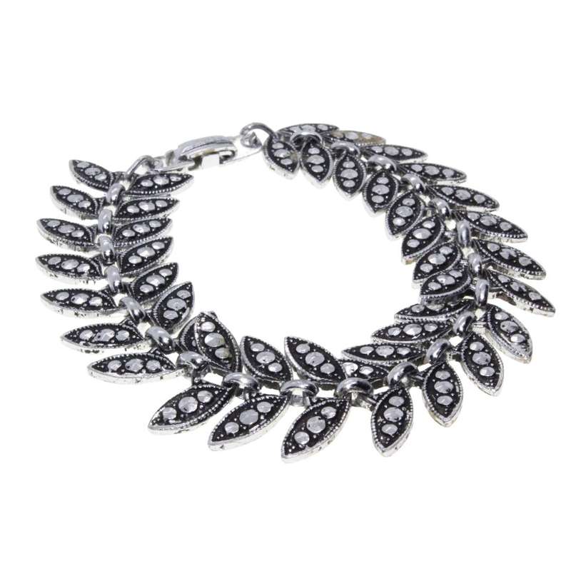 Bracelet - Silver Tone Vintage Leaf Shape Links. Marcasite Design. - ML3309