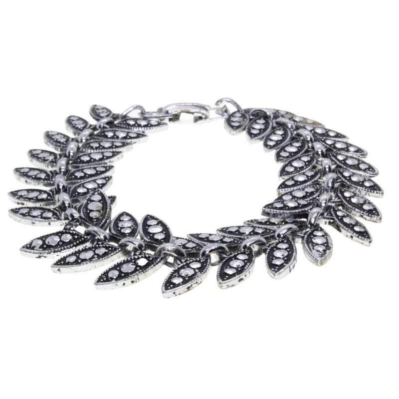 Bracelet - Silver Tone Vintage Leaf Shape Links. Marcasite Design. - ML3309