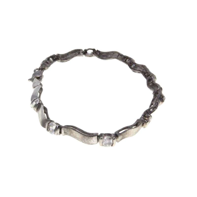Bracelet - Silver Tone Vintage Wavy Link Bracelet with Rhinestones inbetween Links - ML3312