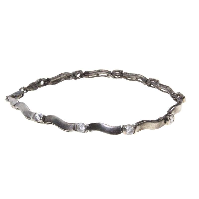 Bracelet - Silver Tone Vintage Wavy Link Bracelet with Rhinestones inbetween Links - ML3312
