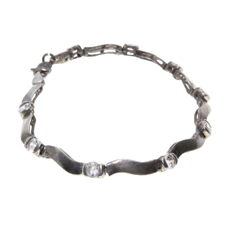 Bracelet - Silver Tone Vintage Wavy Link Bracelet with Rhinestones inbetween Links - ML3312