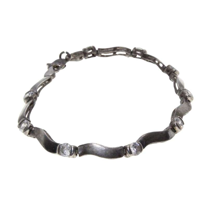 Bracelet - Silver Tone Vintage Wavy Link Bracelet with Rhinestones inbetween Links - ML3312