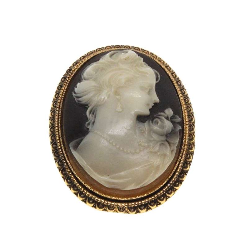 Brooch - Gold Tone Vintage Cameo Brooch with Filigree Frame - ML3313