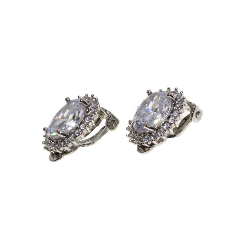 Earrings - Silver Tone Clip On Earrings. Large Clear Centre Stone with Diamantes - ML3316