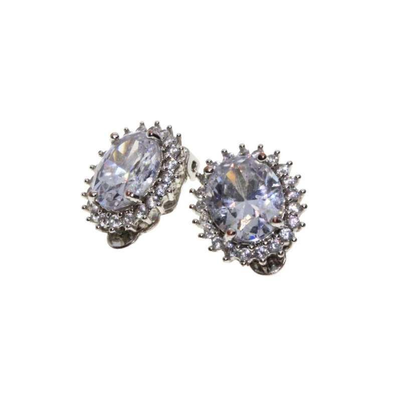 Earrings - Silver Tone Clip On Earrings. Large Clear Centre Stone with Diamantes - ML3316