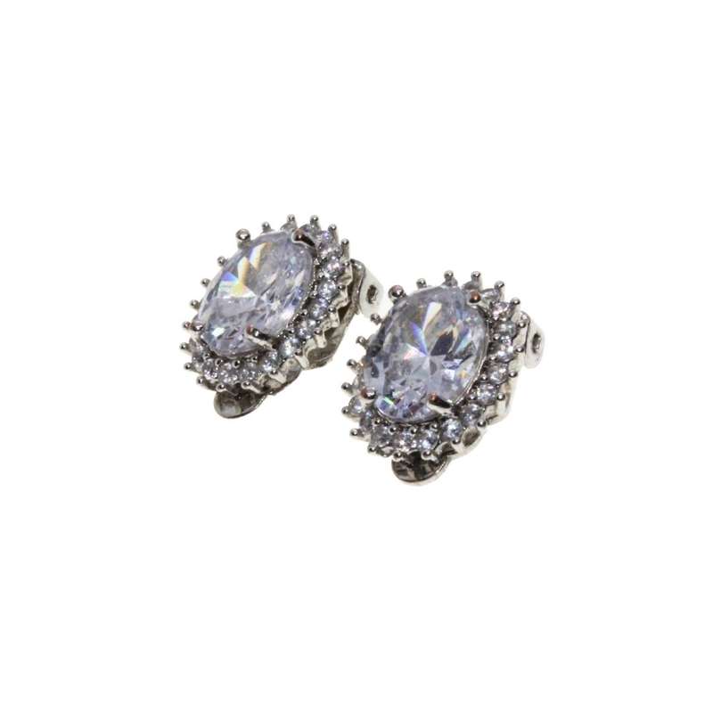 Earrings - Silver Tone Clip On Earrings. Large Clear Centre Stone with Diamantes - ML3316