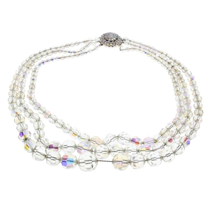 Necklace - Silver Tone Crystal 3 Strand Graduated Necklace. Beautiful large Crystal Clasp. - ML3317